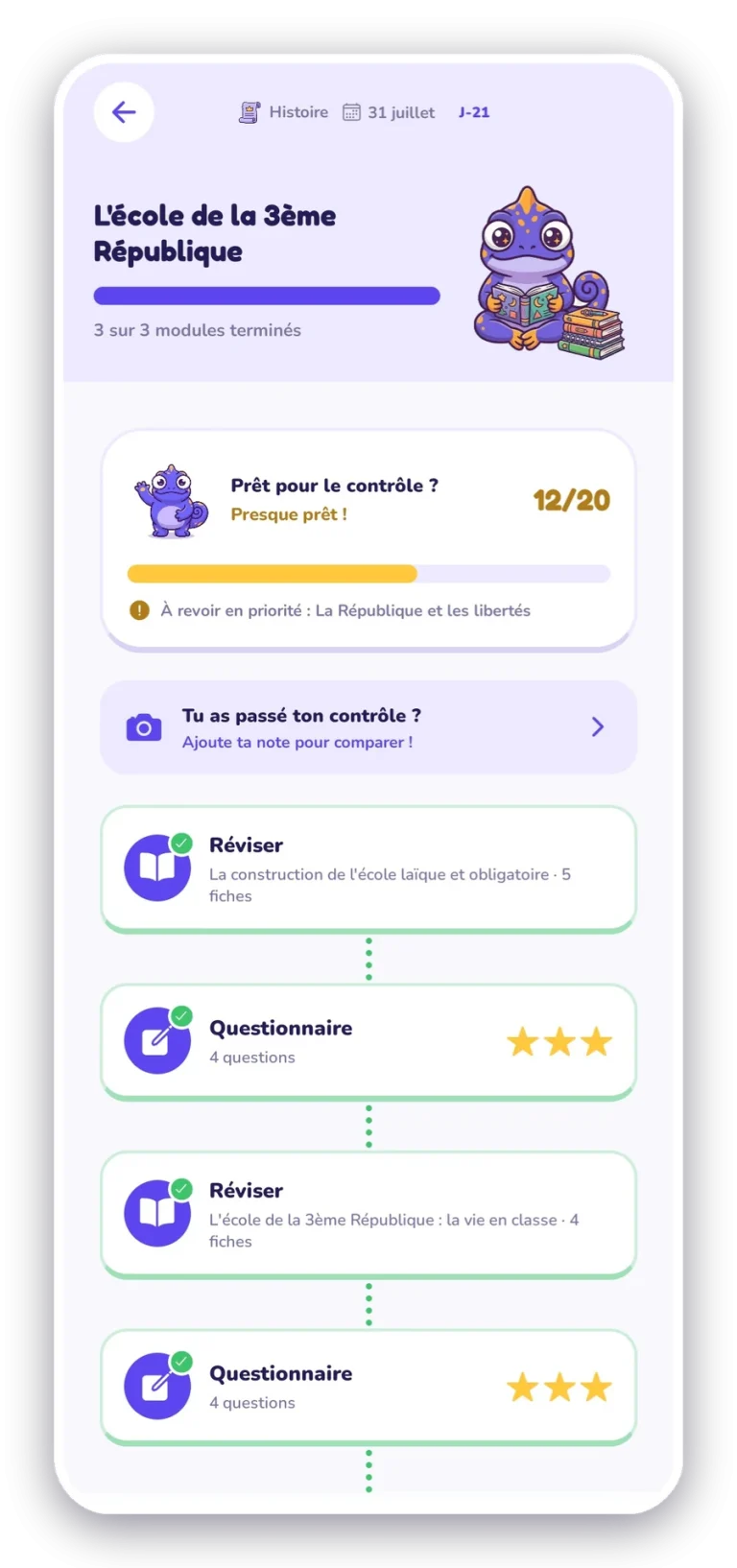 La leçon découpée en modules, avec une fiche par module