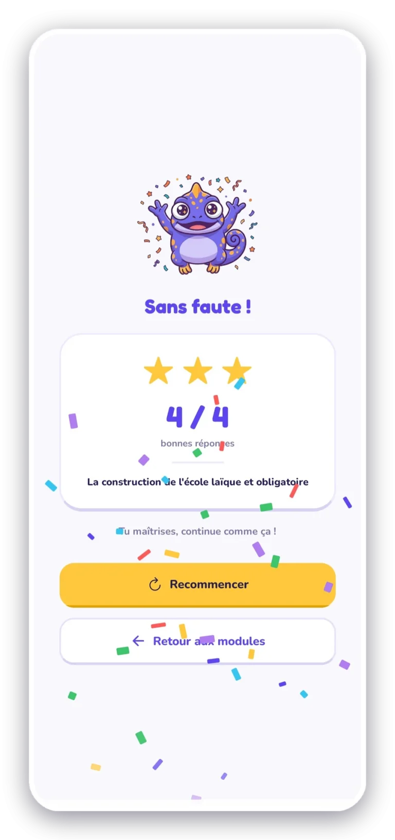 Un quiz noté dans Caméléo, avec les points gagnés