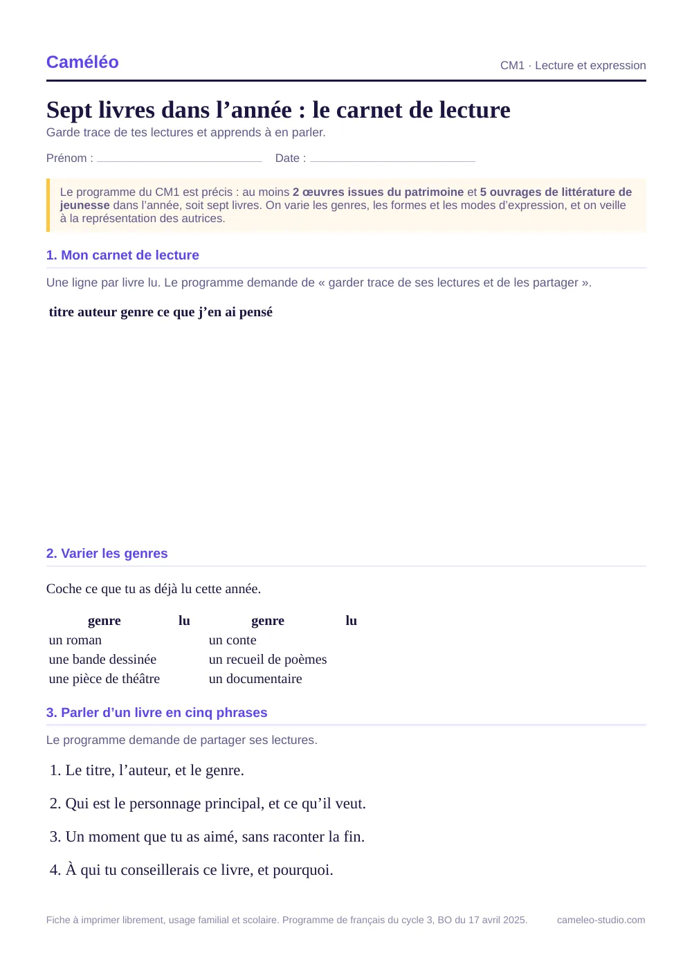 Fiche à imprimer : Sept livres dans l’année : le carnet de lecture, CM1