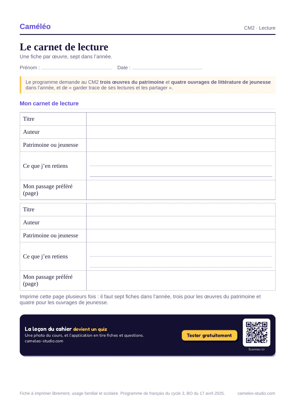 Fiche à imprimer : Le carnet de lecture CM2
