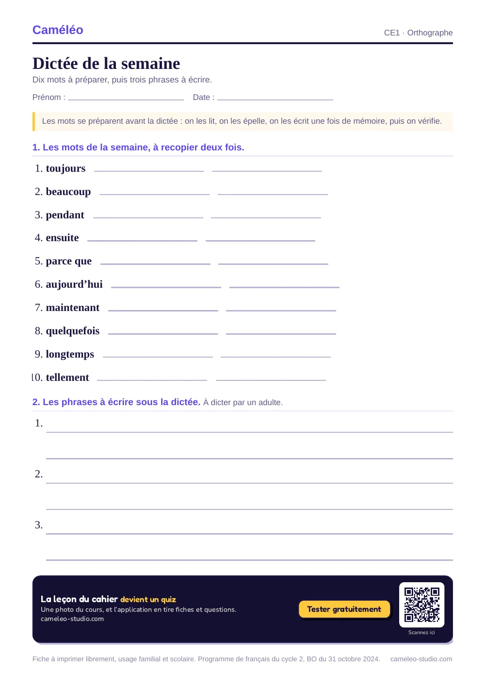 Fiche à imprimer : Dictée de la semaine, CE1