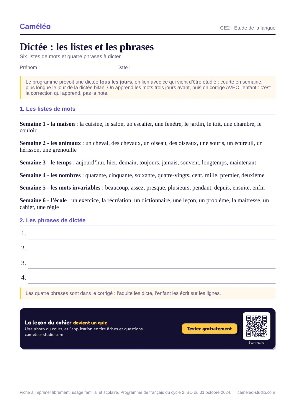 Fiche à imprimer : Dictée CE2 : listes et phrases