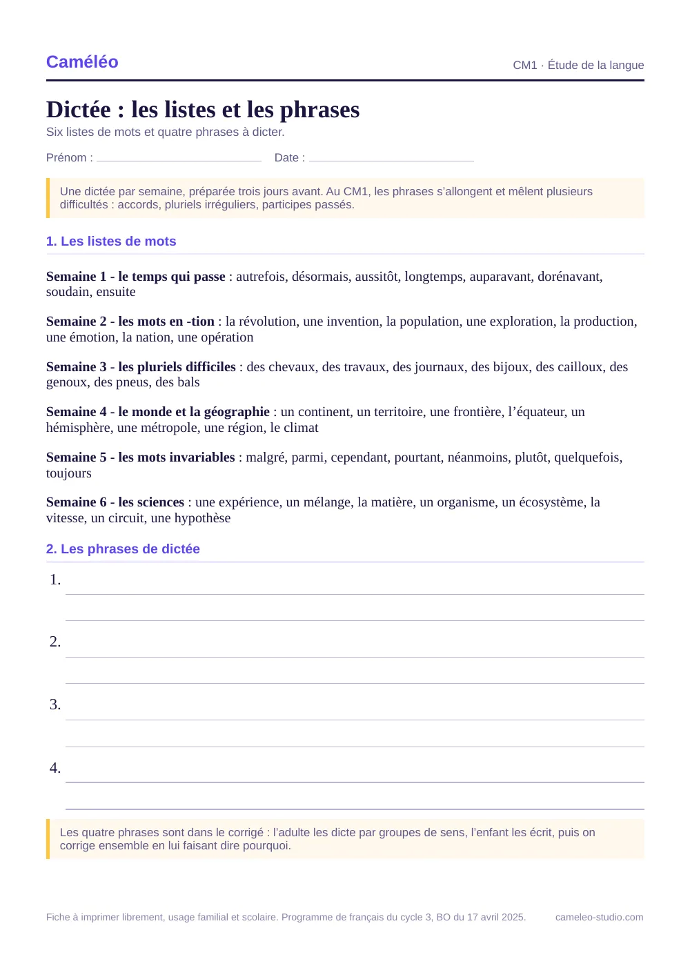 Fiche à imprimer : Dictée CM1 : listes et phrases