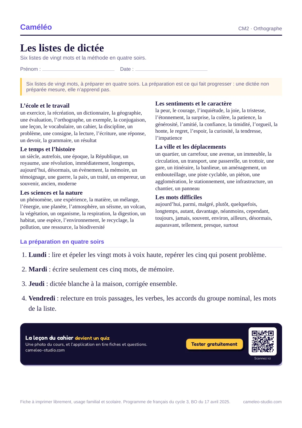 Fiche à imprimer : Les listes de dictée CM2