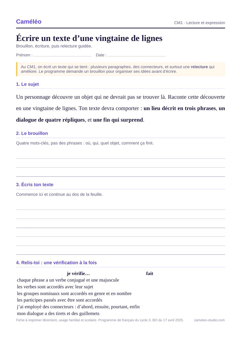Fiche à imprimer : Écrire un texte d’une vingtaine de lignes, CM1
