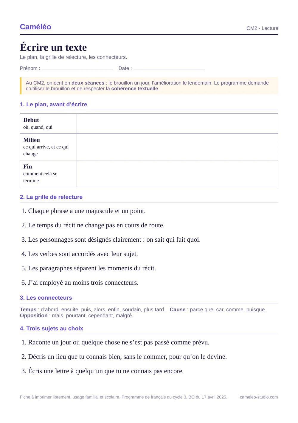Fiche à imprimer : Écrire un texte au CM2