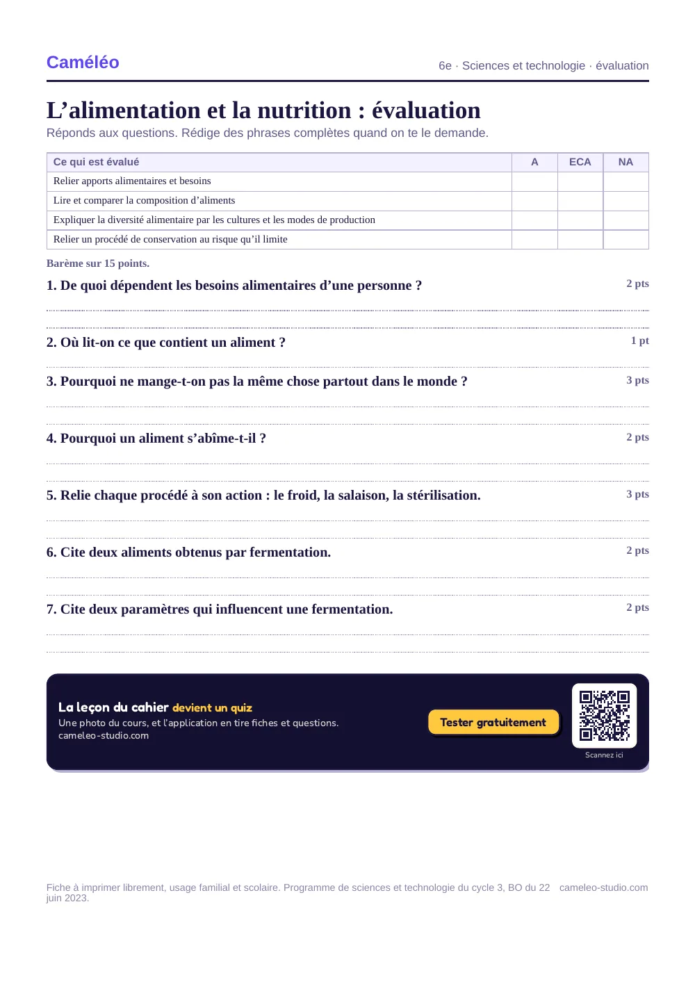Évaluation à imprimer : L’évaluation à imprimer, avec sa correction, 6e