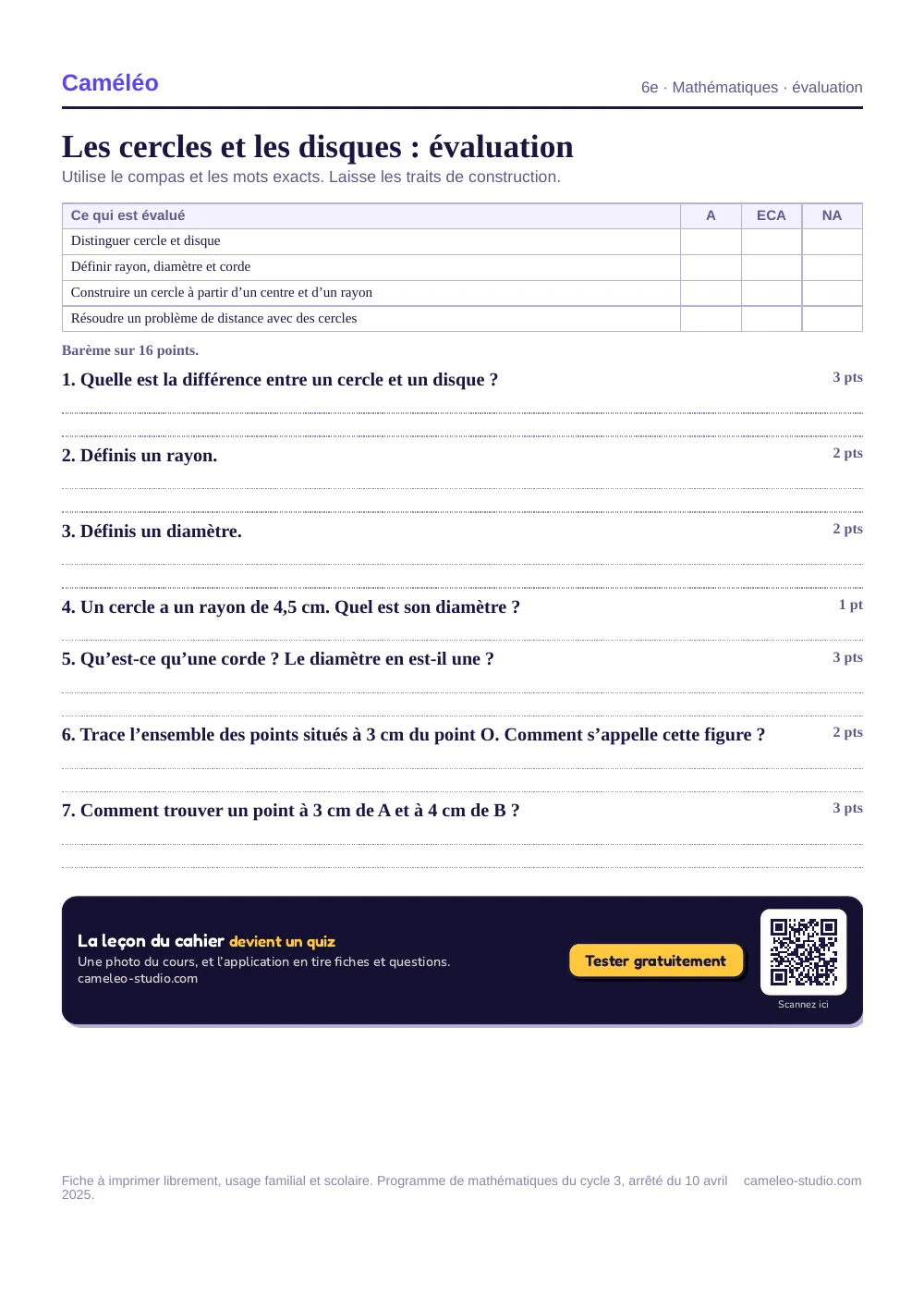 Évaluation à imprimer : L’évaluation à imprimer, avec sa correction, 6e