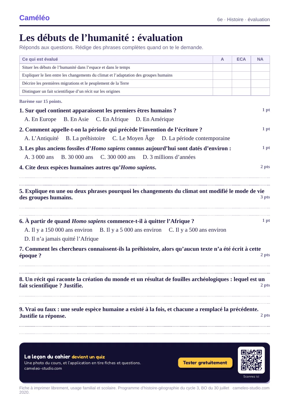 Évaluation à imprimer : L’évaluation à imprimer, avec sa correction, 6e
