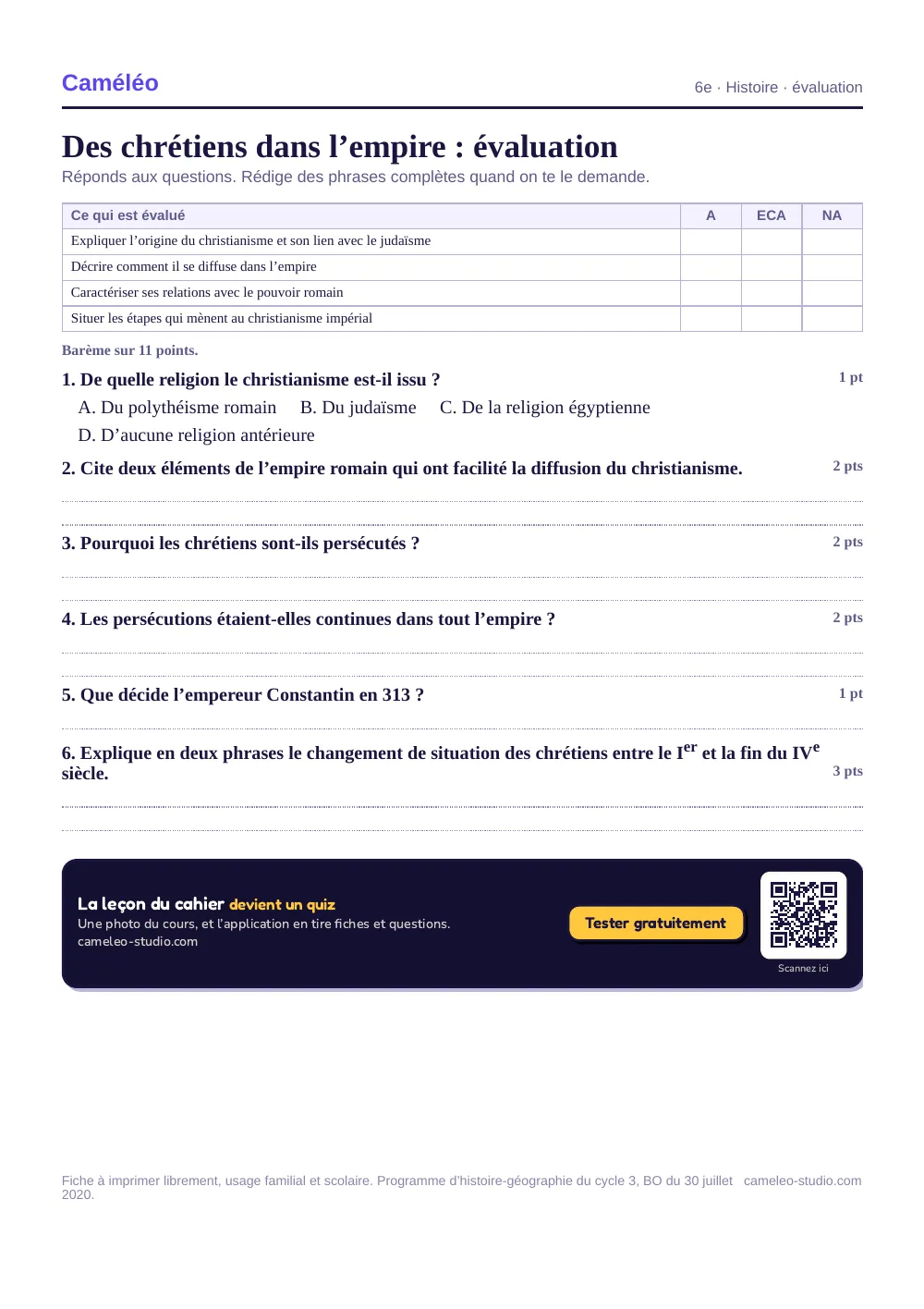 Évaluation à imprimer : L’évaluation à imprimer, avec sa correction, 6e
