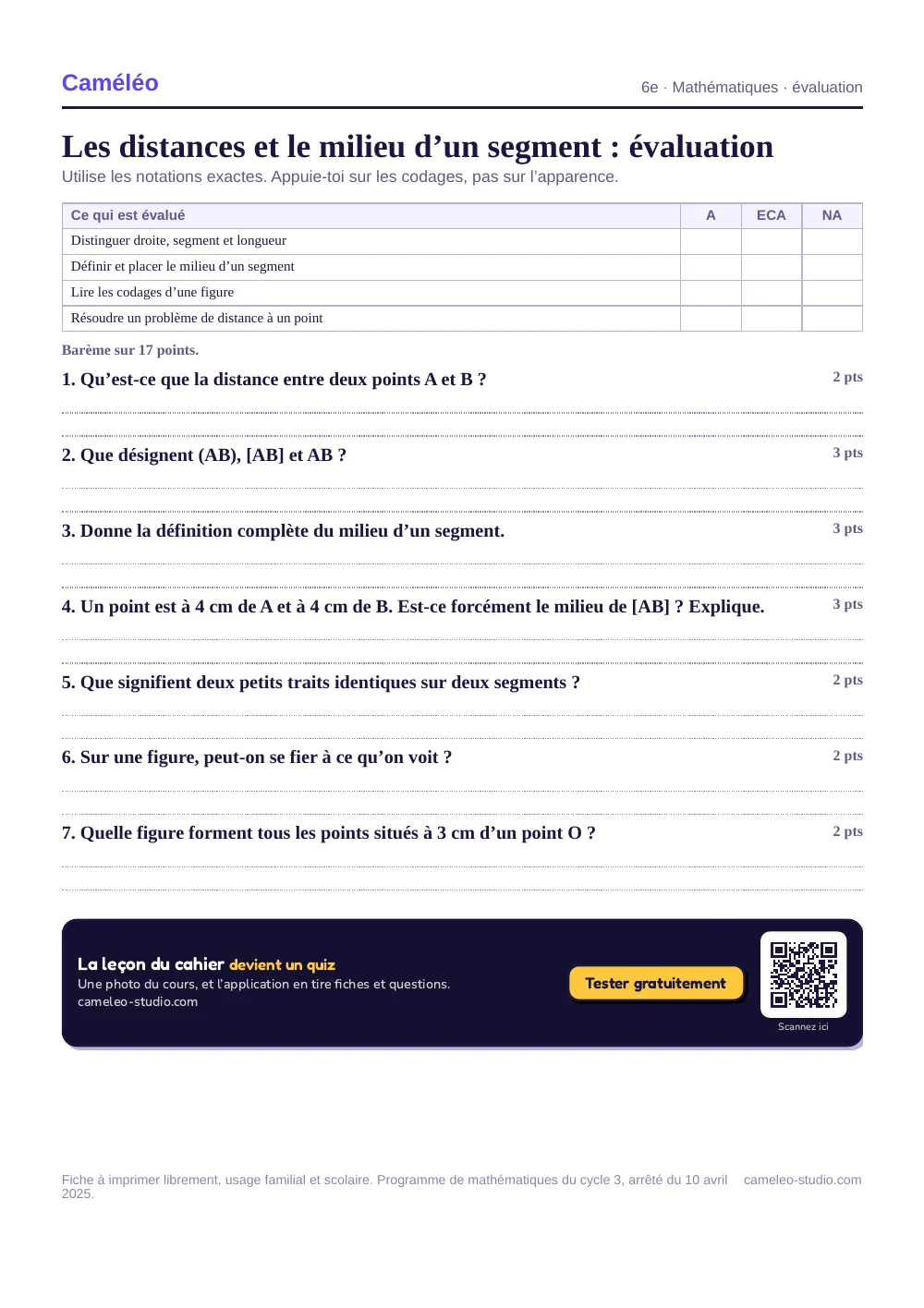 Évaluation à imprimer : L’évaluation à imprimer, avec sa correction, 6e