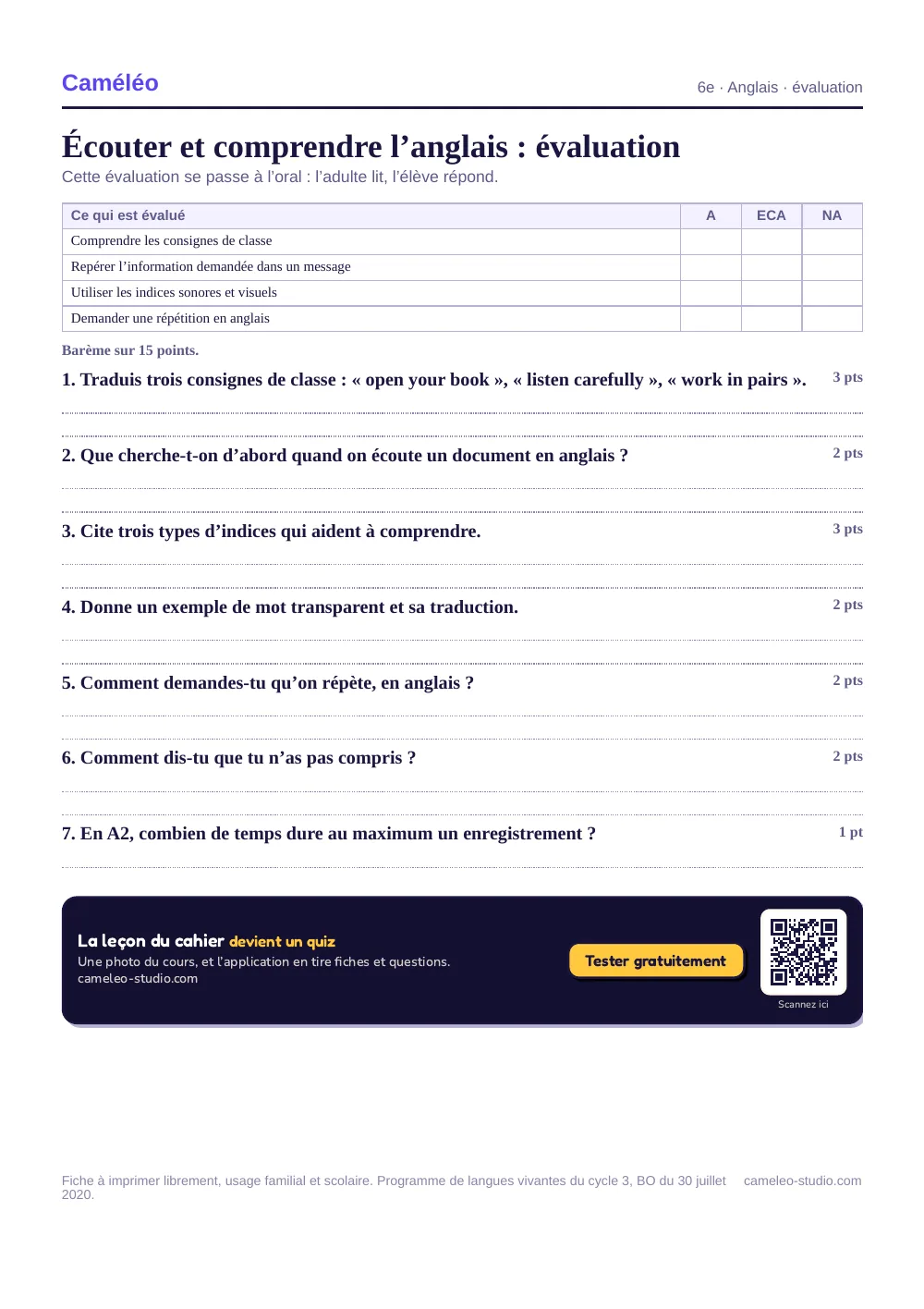 Évaluation à imprimer : L’évaluation à imprimer, avec sa correction, 6e