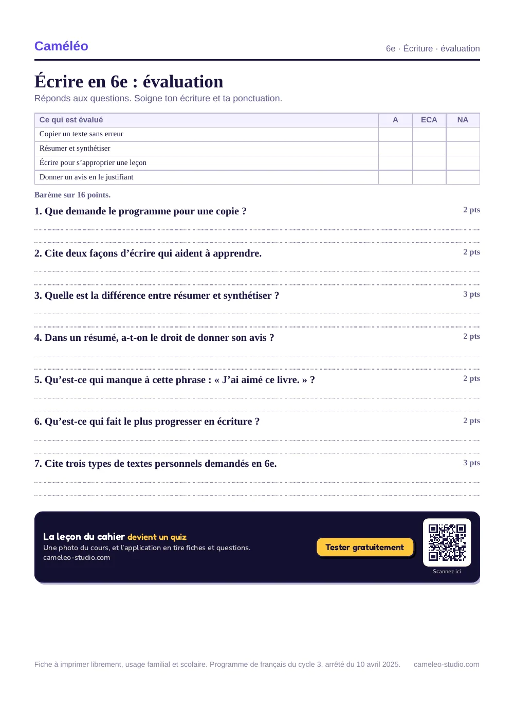 Évaluation à imprimer : L’évaluation à imprimer, avec sa correction, 6e