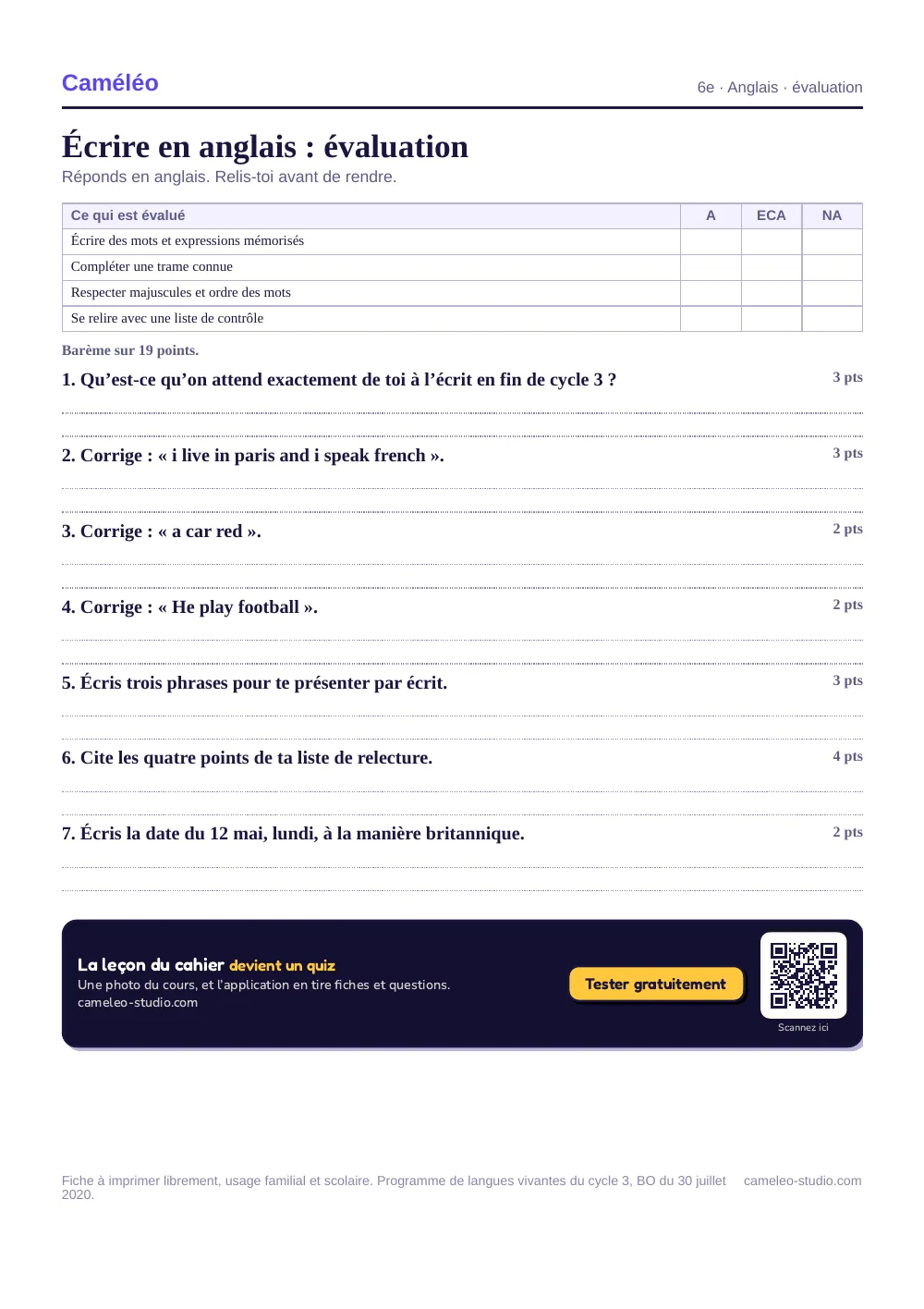 Évaluation à imprimer : L’évaluation à imprimer, avec sa correction, 6e