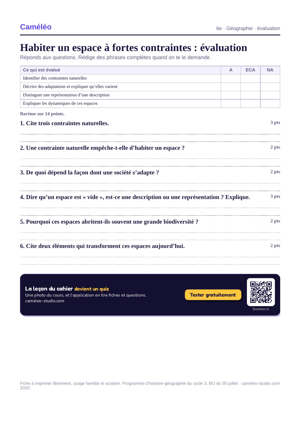 Évaluation à imprimer : L’évaluation à imprimer, avec sa correction, 6e