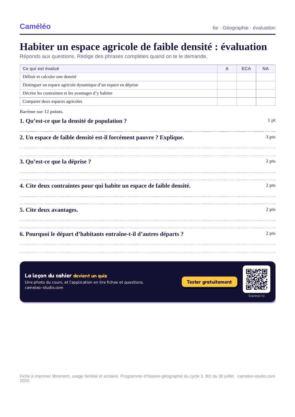 Évaluation à imprimer : L’évaluation à imprimer, avec sa correction, 6e