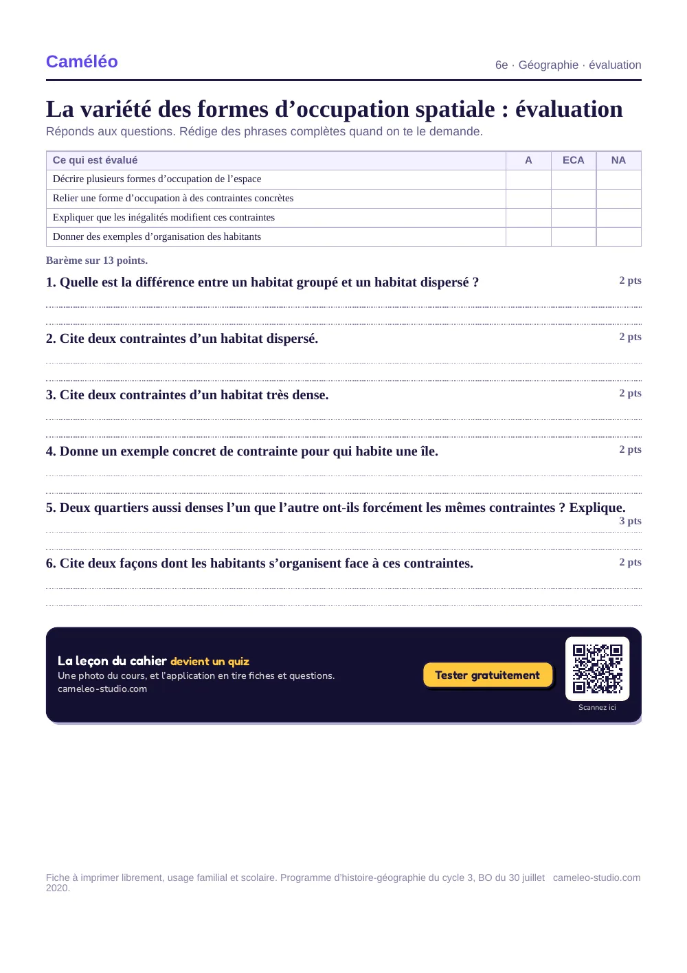 Évaluation à imprimer : L’évaluation à imprimer, avec sa correction, 6e