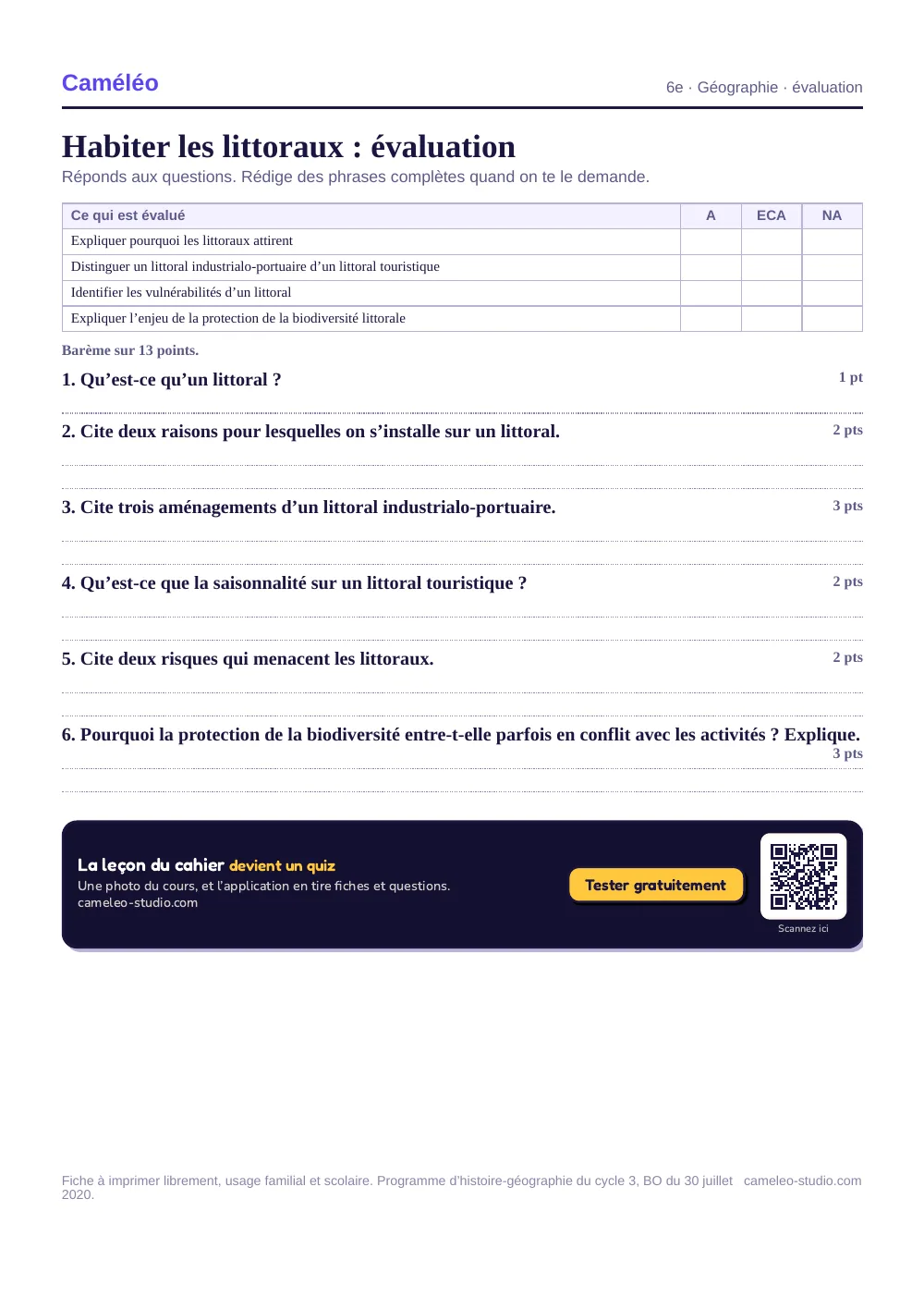 Évaluation à imprimer : L’évaluation à imprimer, avec sa correction, 6e