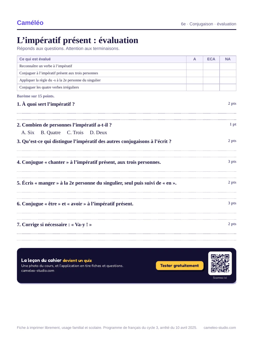 Évaluation à imprimer : L’évaluation à imprimer, avec sa correction, 6e