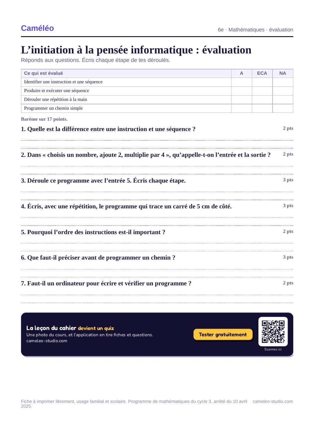 Évaluation à imprimer : L’évaluation à imprimer, avec sa correction, 6e