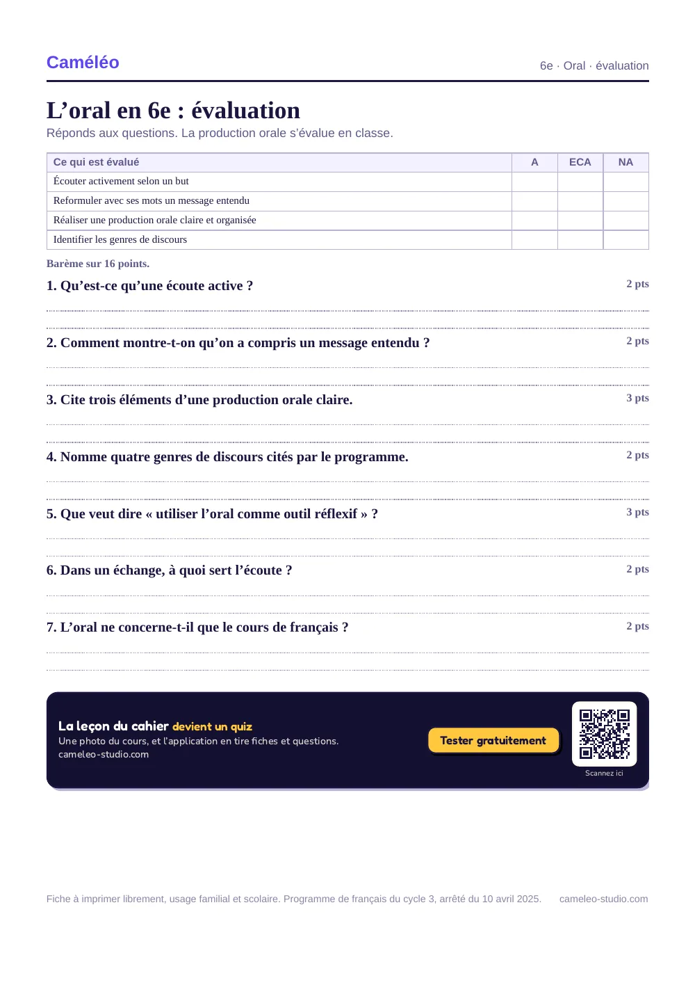 Évaluation à imprimer : L’évaluation à imprimer, avec sa correction, 6e