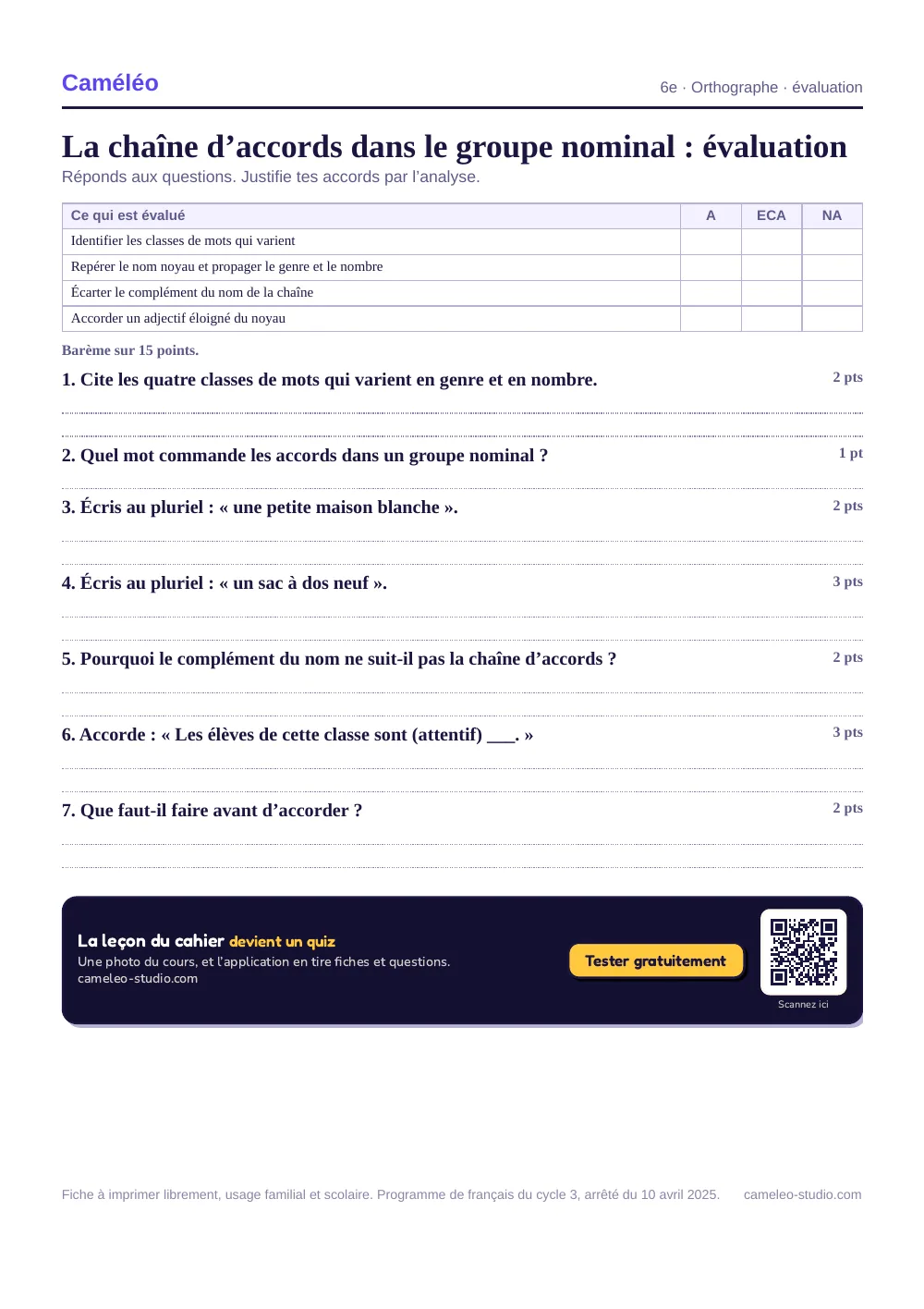 Évaluation à imprimer : L’évaluation à imprimer, avec sa correction, 6e