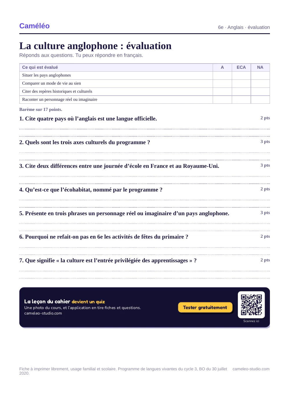 Évaluation à imprimer : L’évaluation à imprimer, avec sa correction, 6e