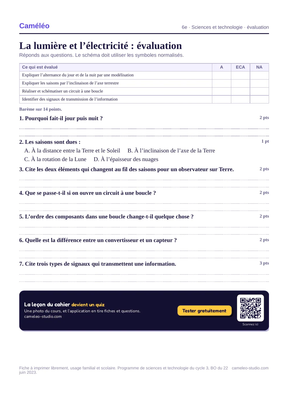 Évaluation à imprimer : L’évaluation à imprimer, avec sa correction, 6e