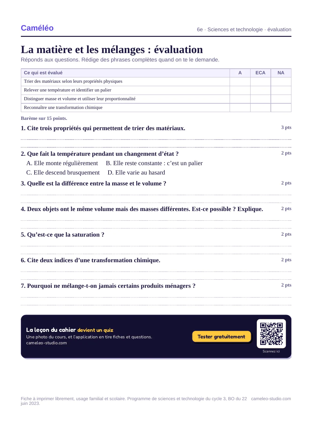 Évaluation à imprimer : L’évaluation à imprimer, avec sa correction, 6e
