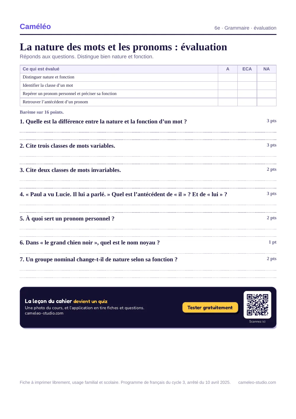 Évaluation à imprimer : L’évaluation à imprimer, avec sa correction, 6e