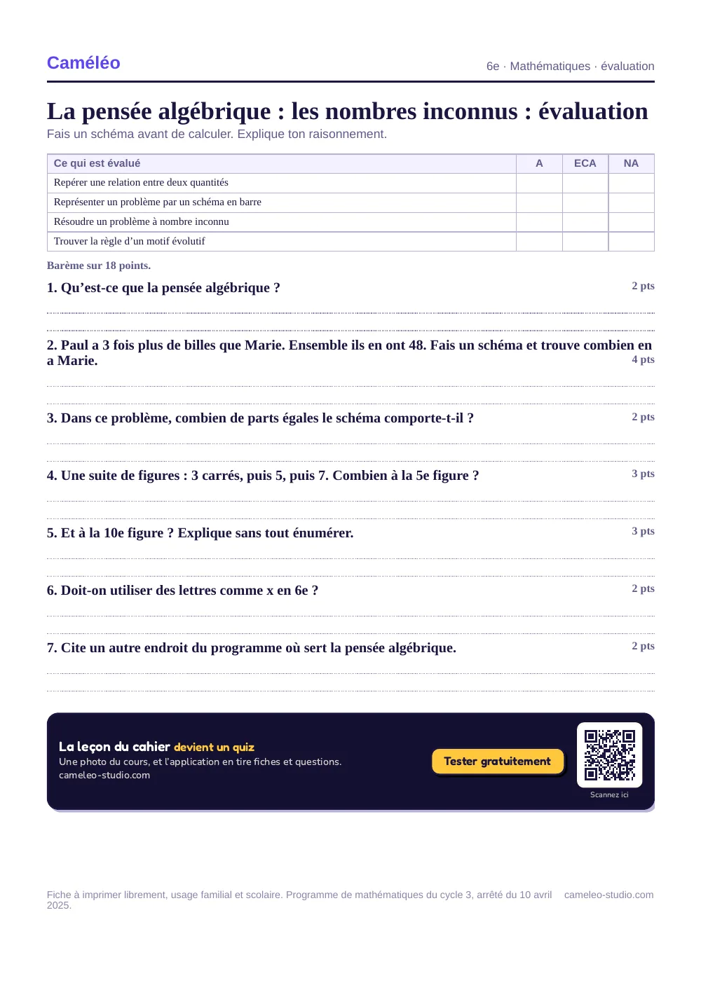 Évaluation à imprimer : L’évaluation à imprimer, avec sa correction, 6e