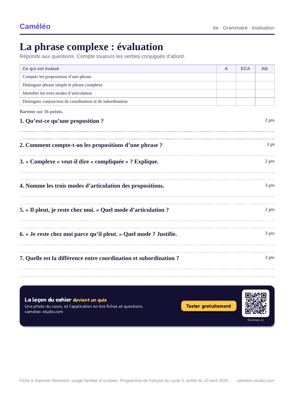 Évaluation à imprimer : L’évaluation à imprimer, avec sa correction, 6e