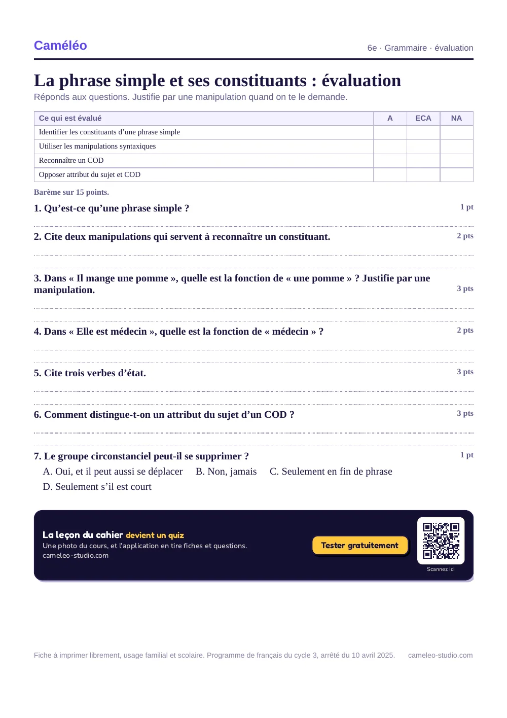 Évaluation à imprimer : L’évaluation à imprimer, avec sa correction, 6e