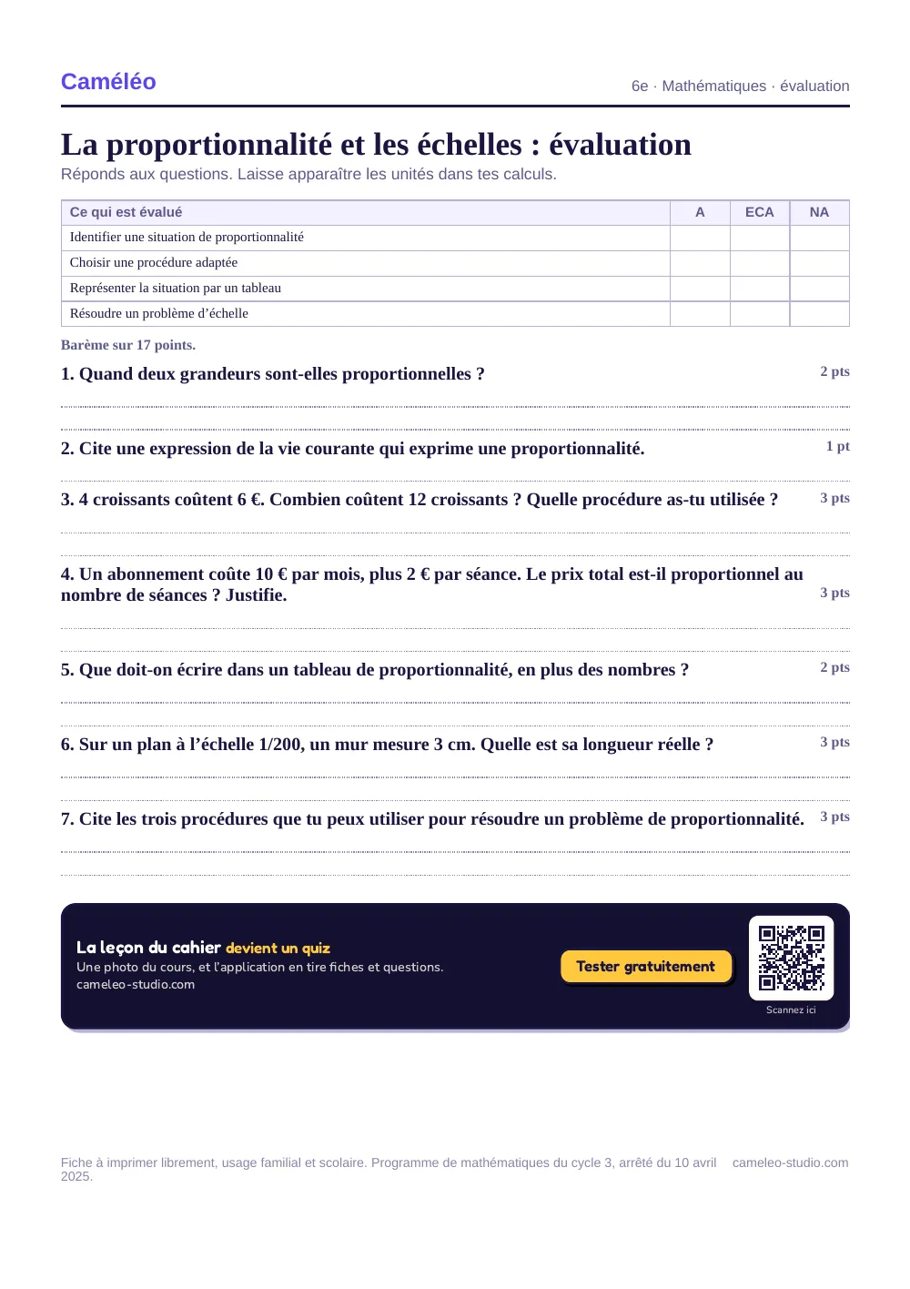 Évaluation à imprimer : L’évaluation à imprimer, avec sa correction, 6e
