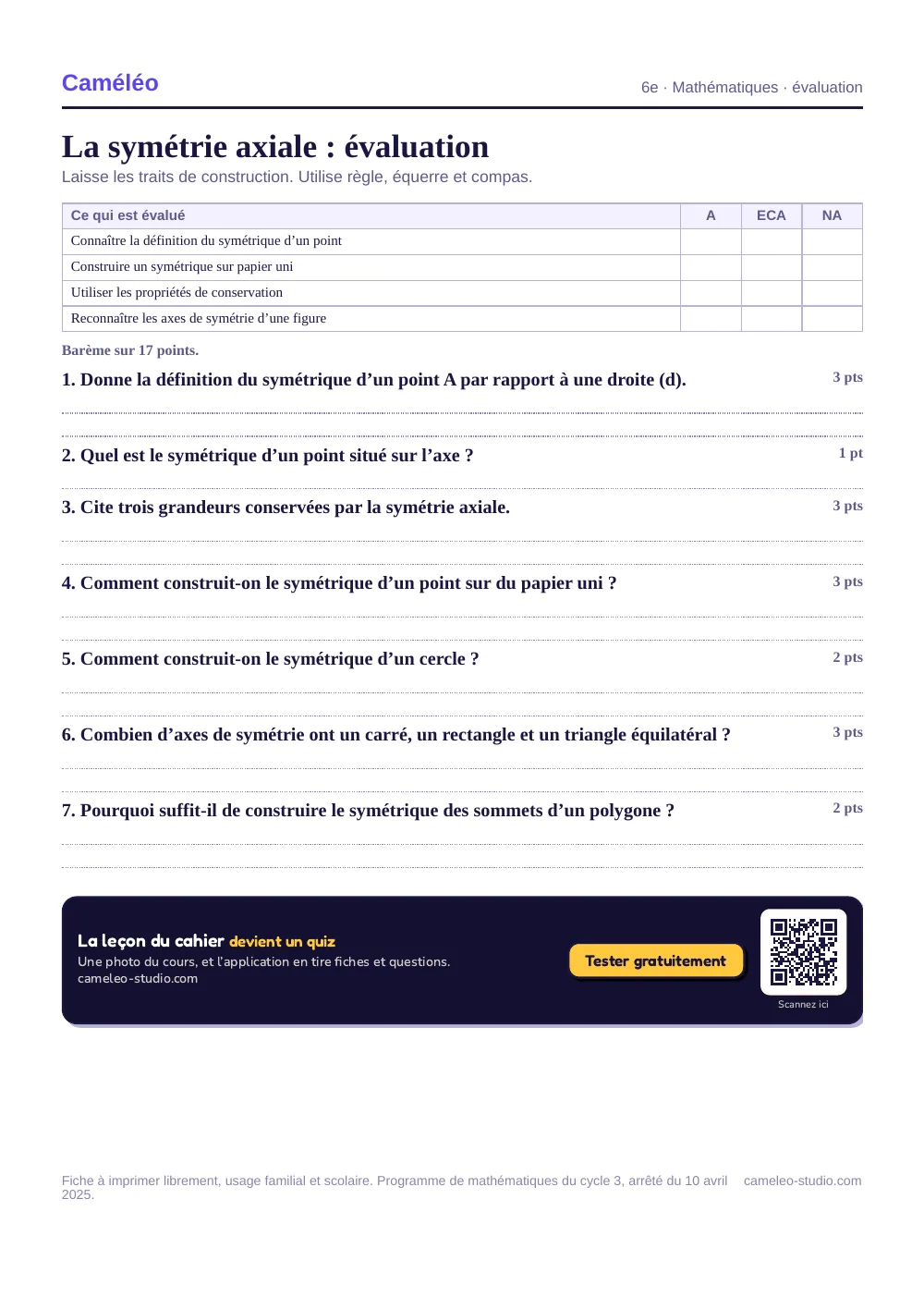Évaluation à imprimer : L’évaluation à imprimer, avec sa correction, 6e