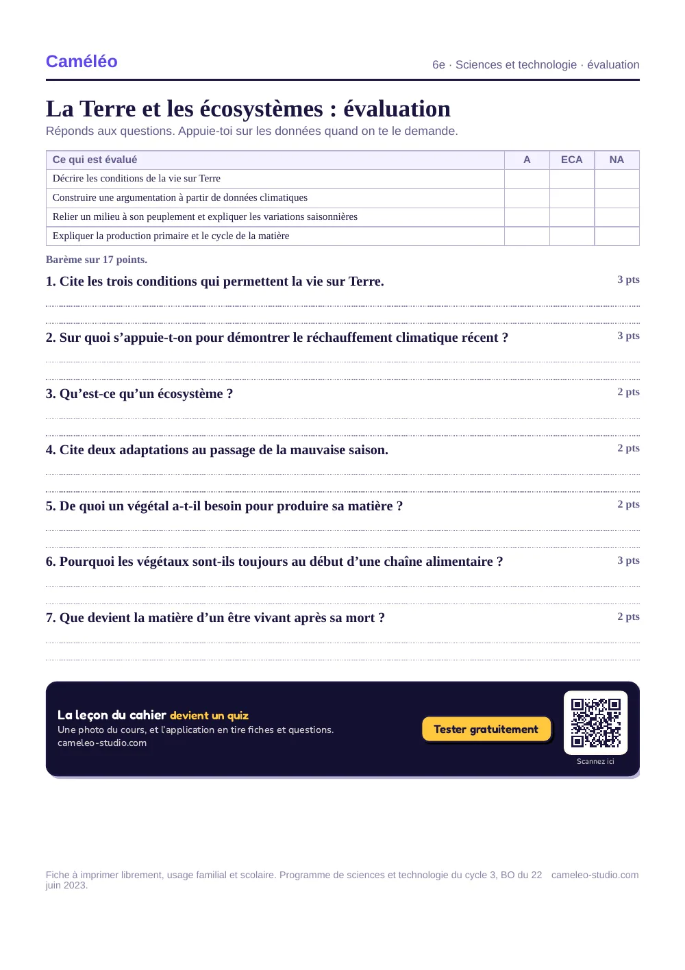 Évaluation à imprimer : L’évaluation à imprimer, avec sa correction, 6e