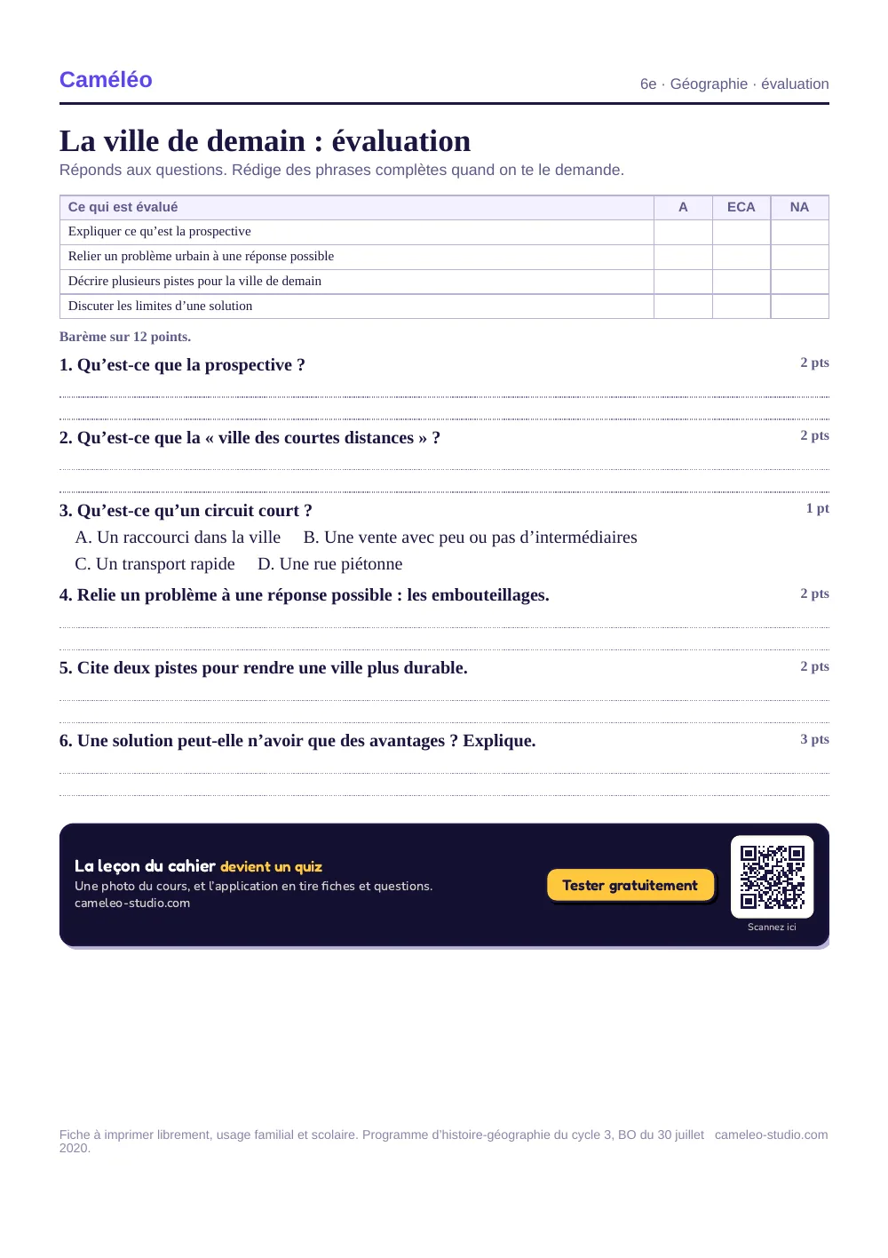 Évaluation à imprimer : L’évaluation à imprimer, avec sa correction, 6e