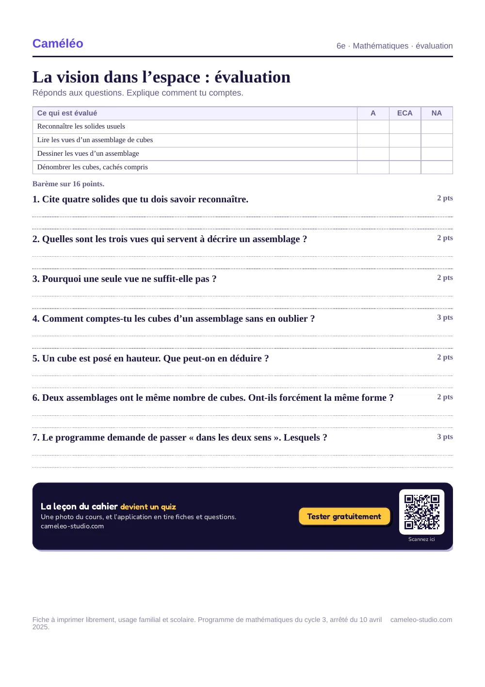 Évaluation à imprimer : L’évaluation à imprimer, avec sa correction, 6e