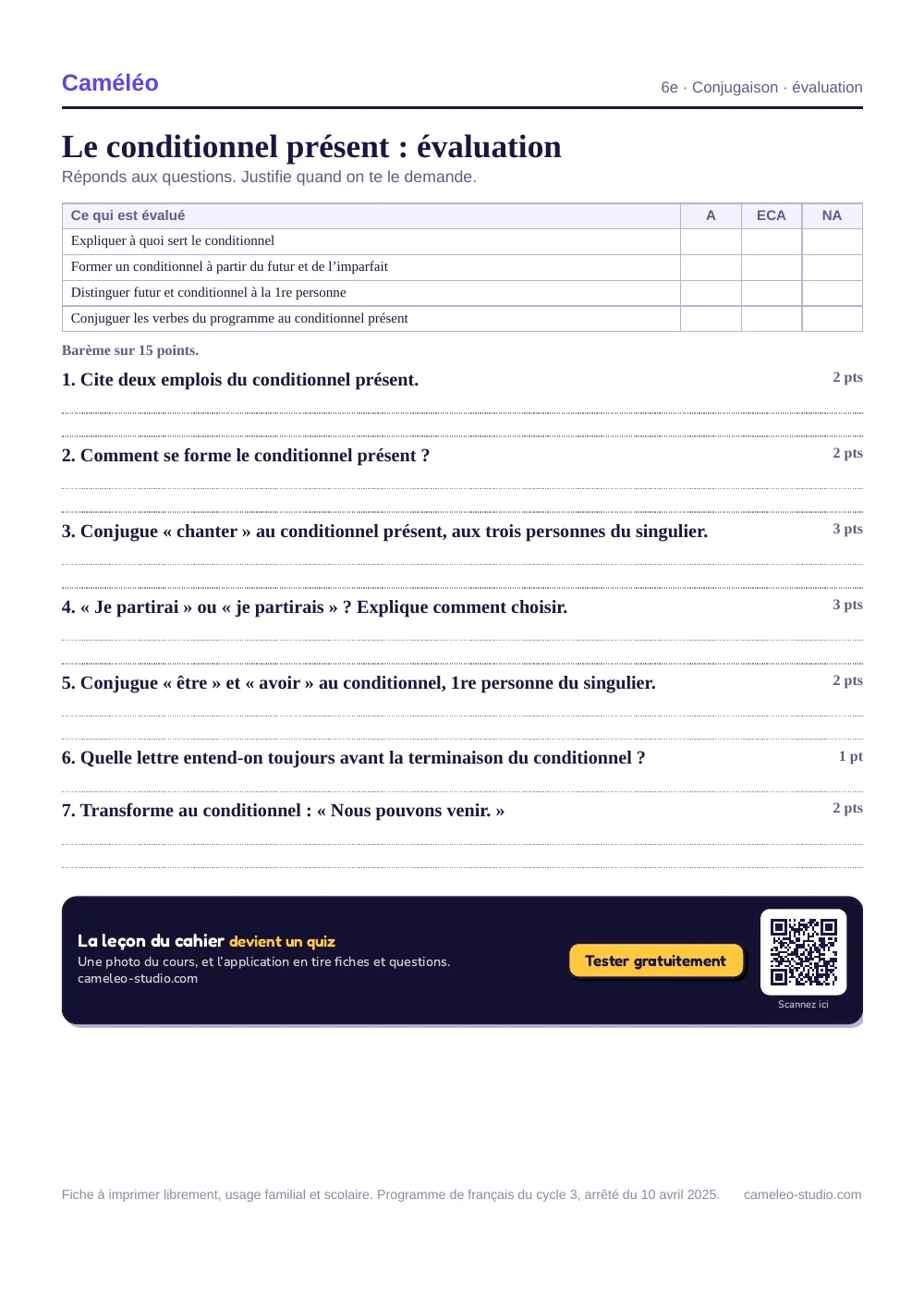 Évaluation à imprimer : L’évaluation à imprimer, avec sa correction, 6e
