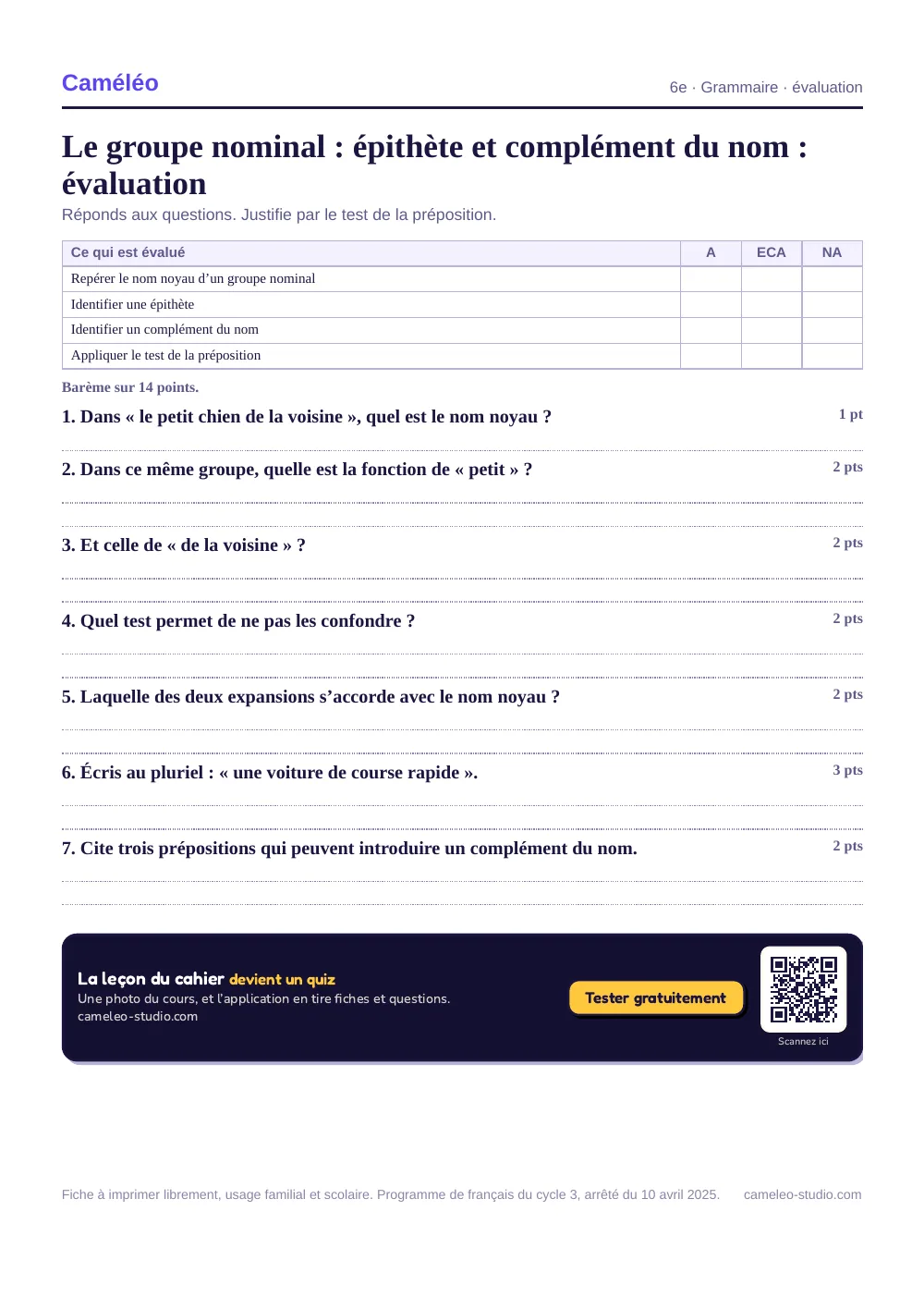 Évaluation à imprimer : L’évaluation à imprimer, avec sa correction, 6e