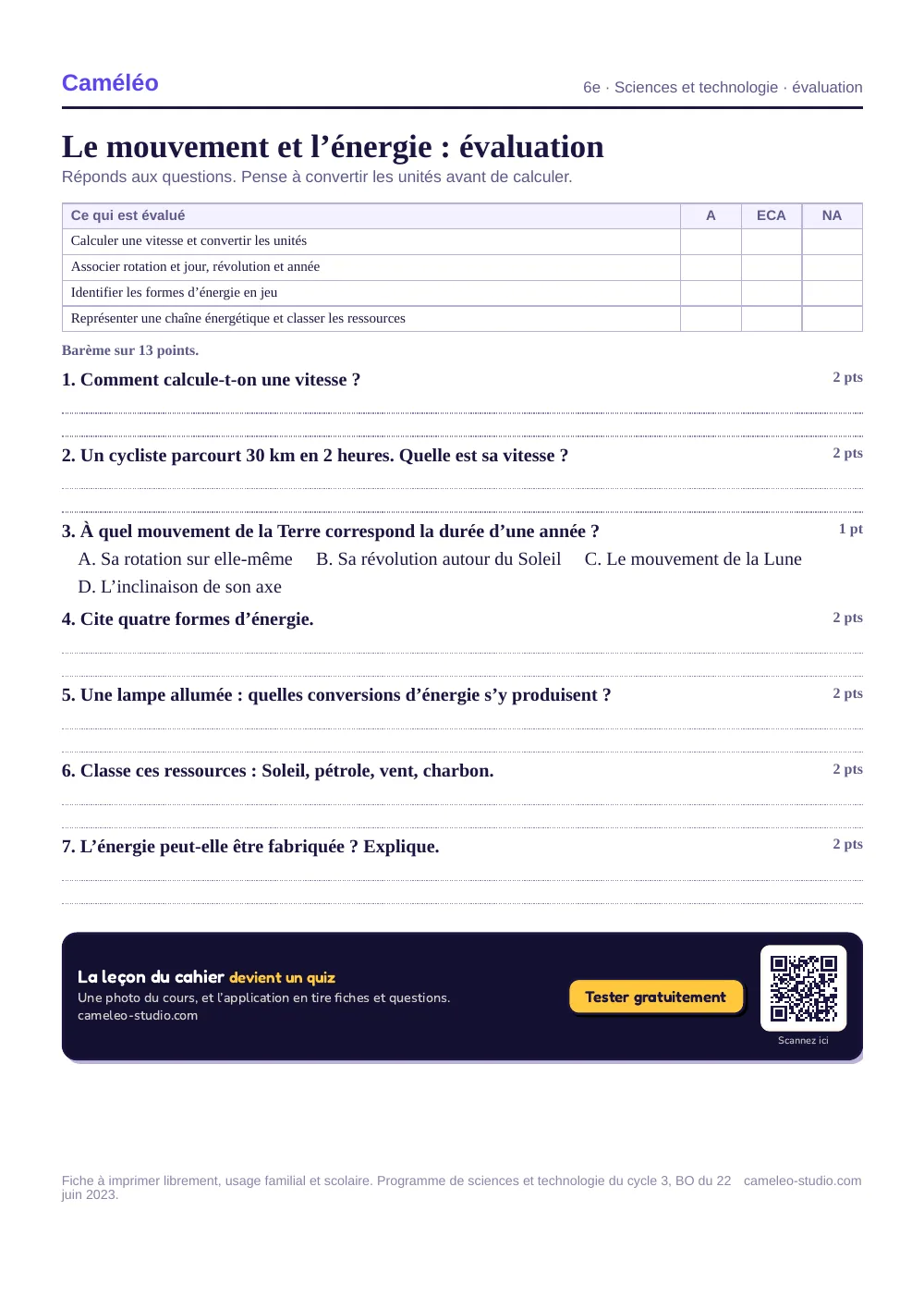 Évaluation à imprimer : L’évaluation à imprimer, avec sa correction, 6e
