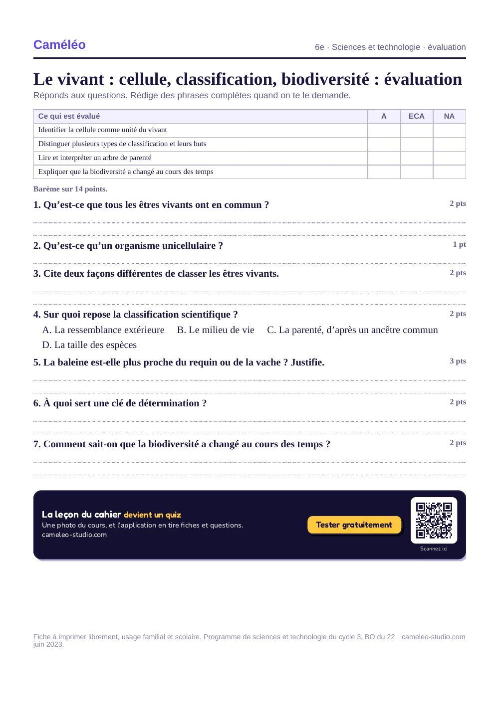 Évaluation à imprimer : L’évaluation à imprimer, avec sa correction, 6e