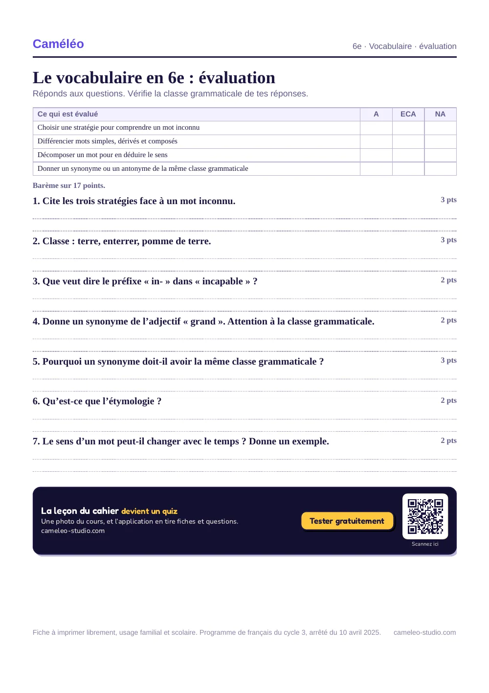 Évaluation à imprimer : L’évaluation à imprimer, avec sa correction, 6e