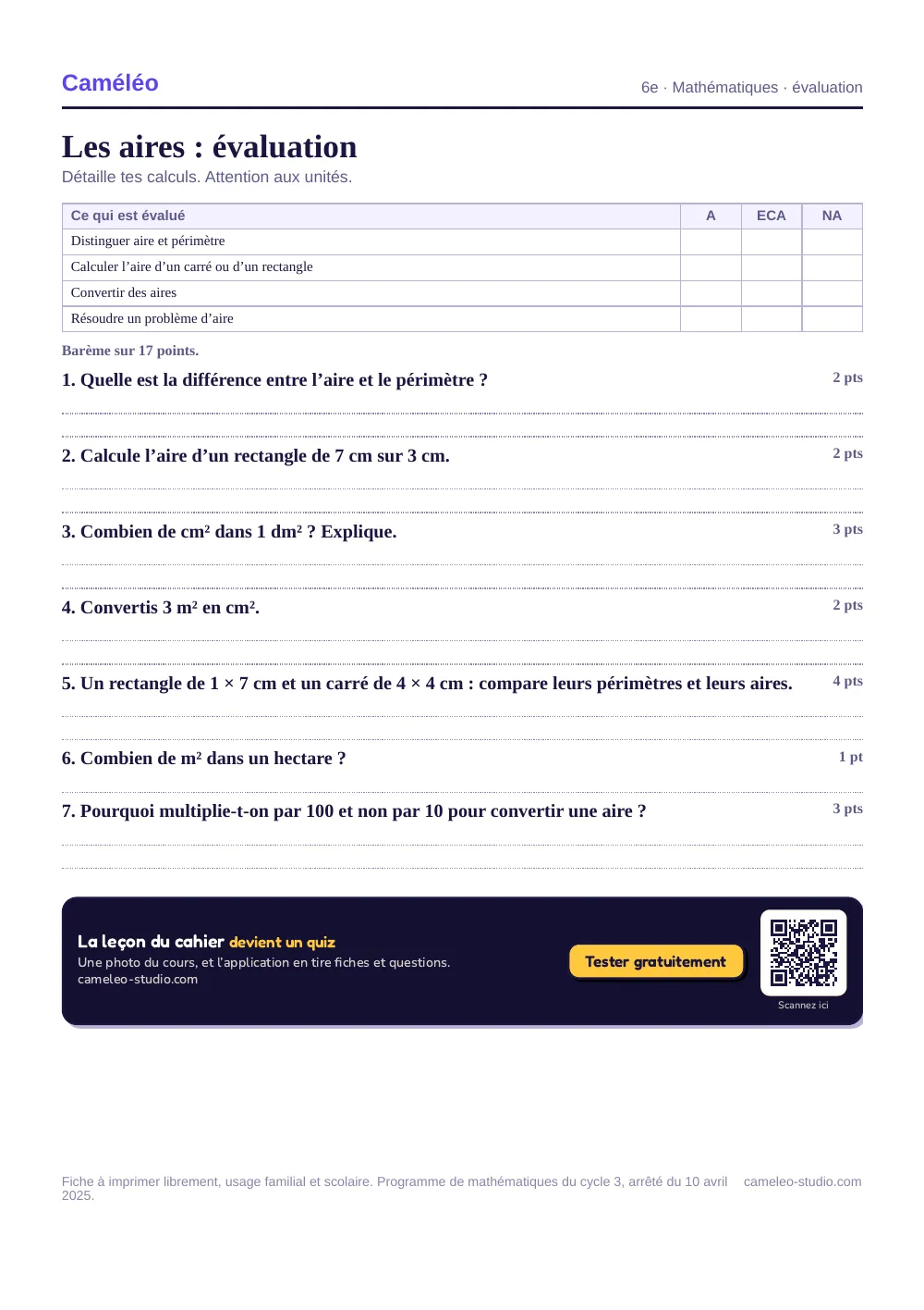 Évaluation à imprimer : L’évaluation à imprimer, avec sa correction, 6e