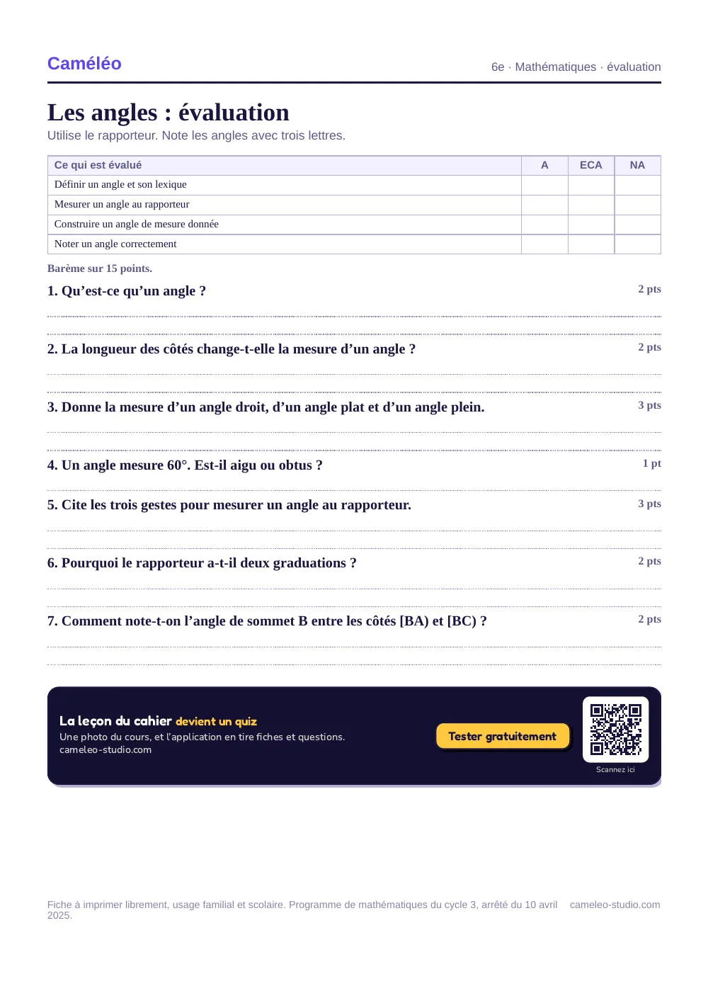 Évaluation à imprimer : L’évaluation à imprimer, avec sa correction, 6e