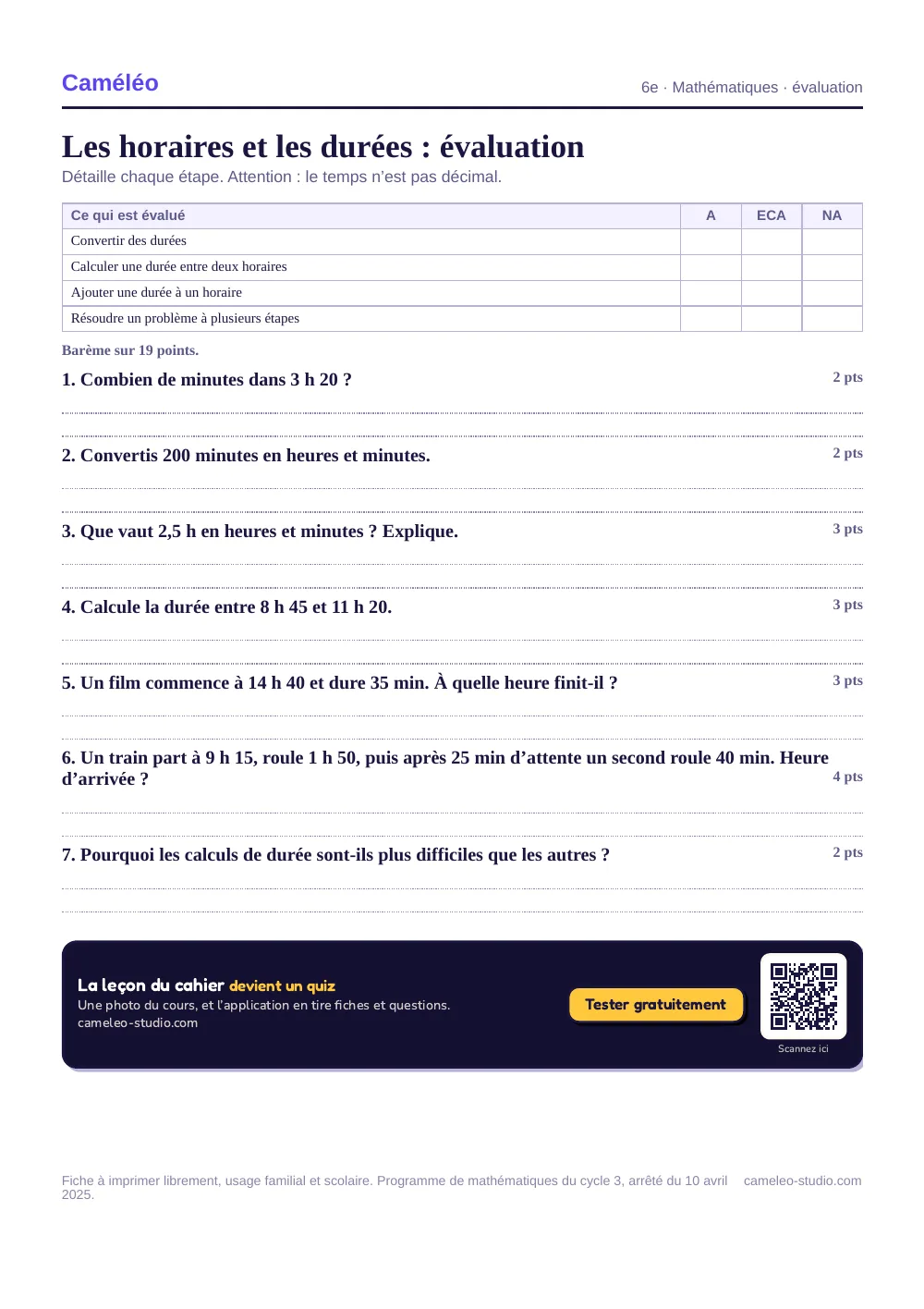 Évaluation à imprimer : L’évaluation à imprimer, avec sa correction, 6e
