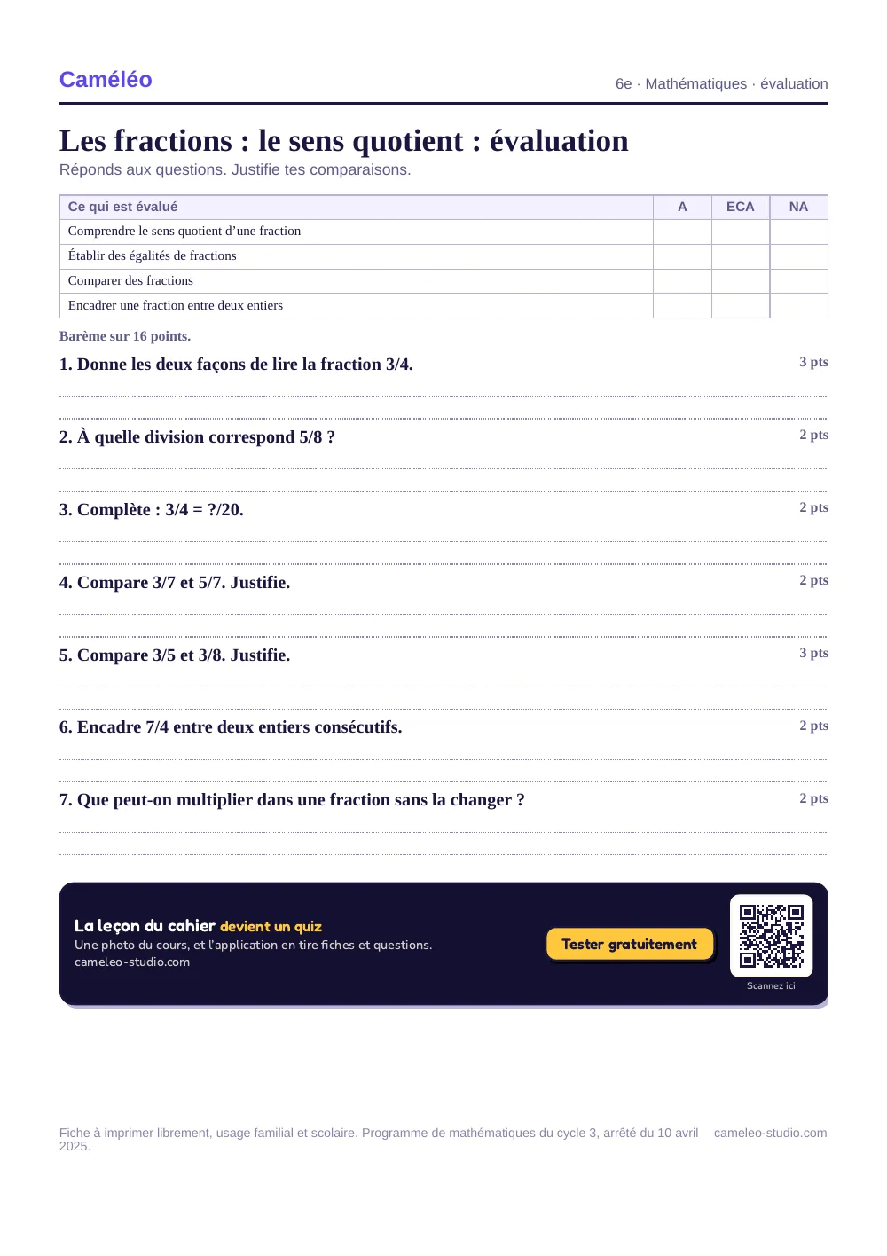 Évaluation à imprimer : L’évaluation à imprimer, avec sa correction, 6e