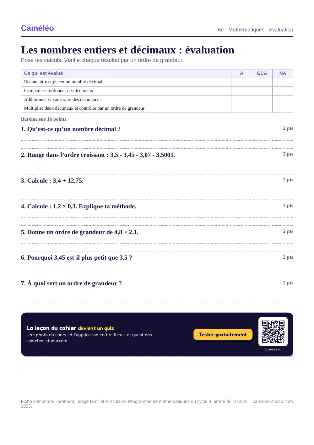 Évaluation à imprimer : L’évaluation à imprimer, avec sa correction, 6e