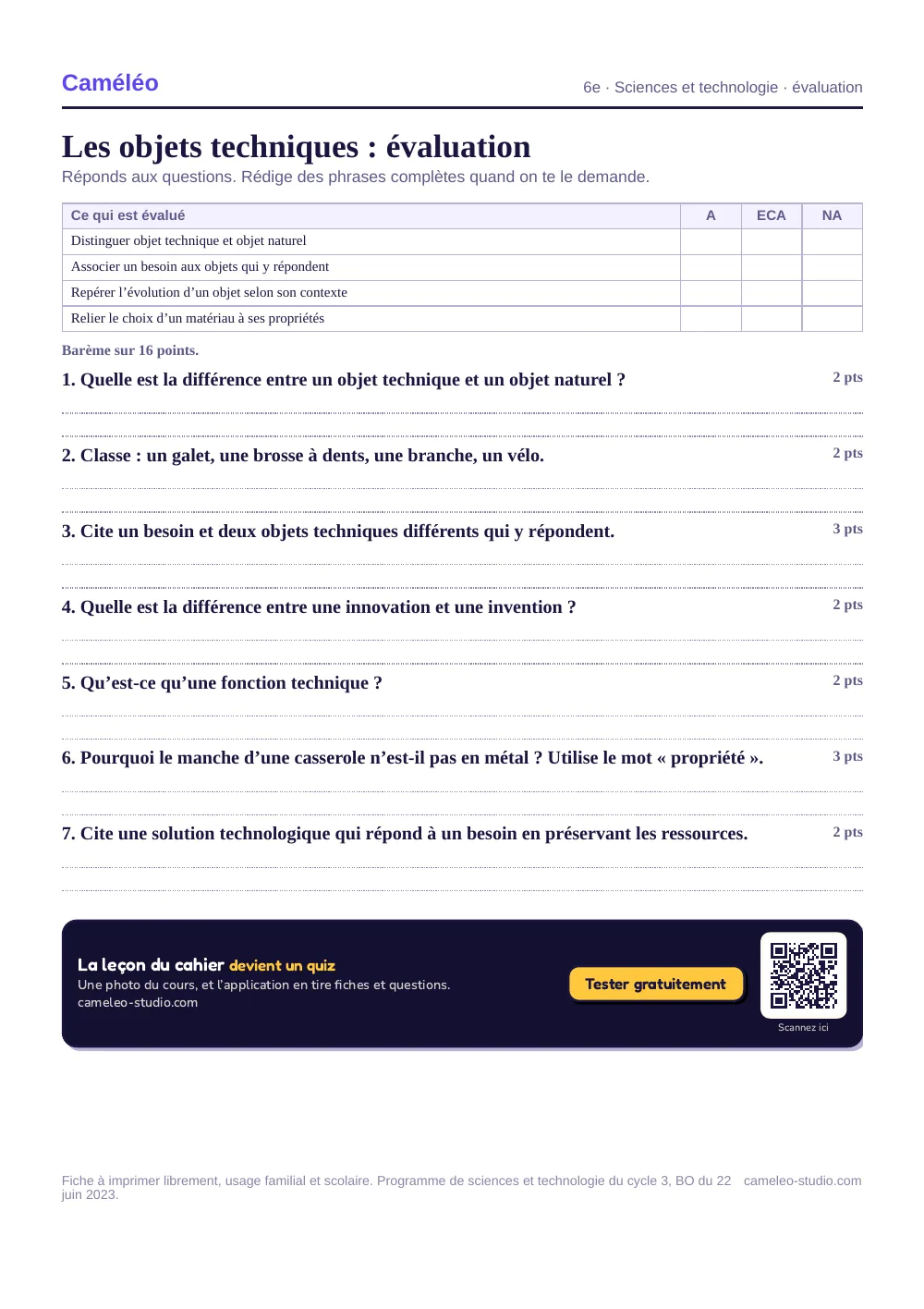 Évaluation à imprimer : L’évaluation à imprimer, avec sa correction, 6e