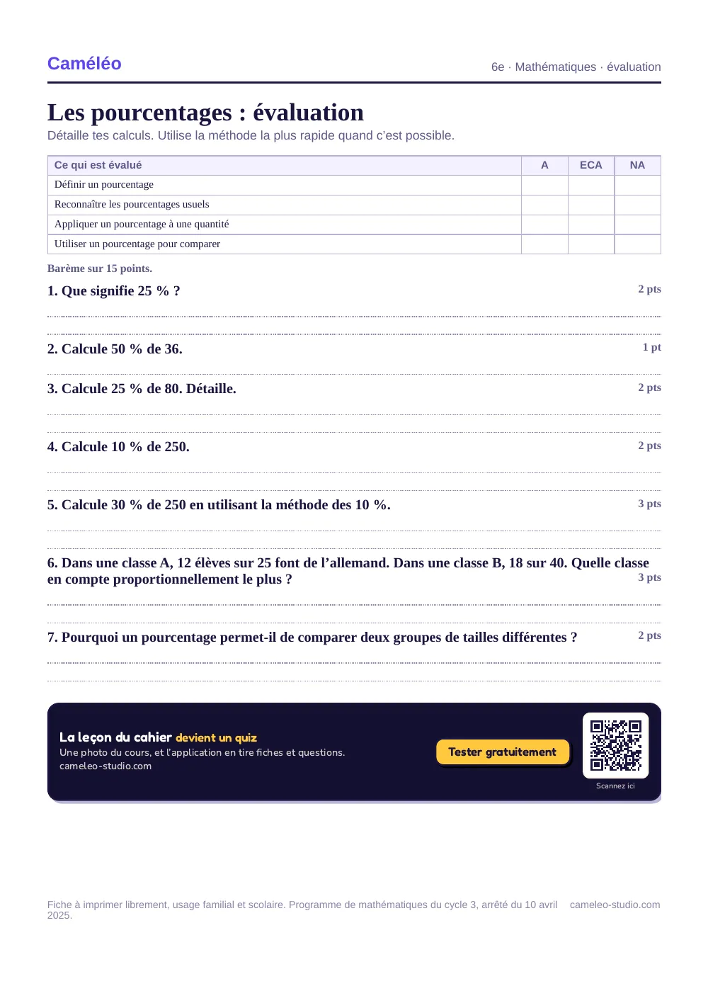 Évaluation à imprimer : L’évaluation à imprimer, avec sa correction, 6e